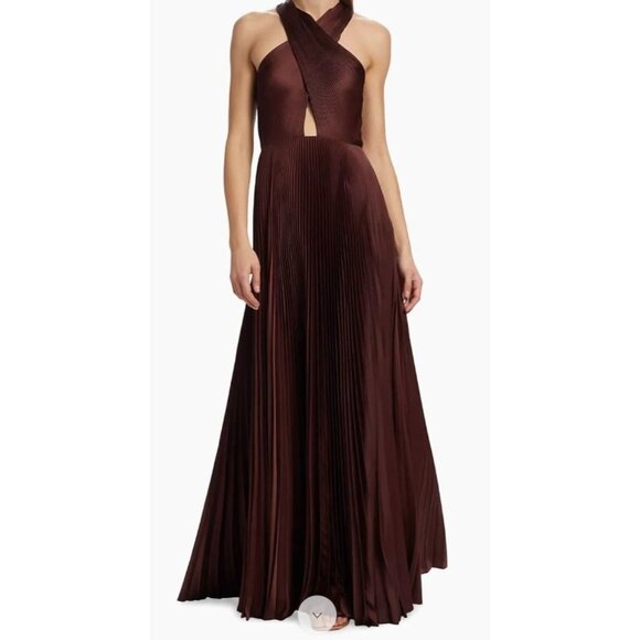 A.L.C. Athena Pleated Halter A-Line Maxi Dress Chicory Formal Wedding Party SZ 2